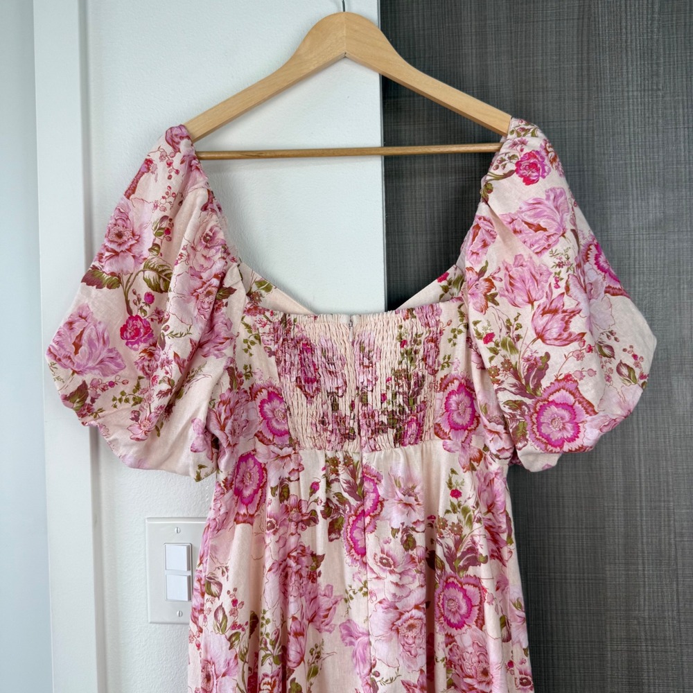 Avec Les Filles Pink Floral Print Puffed Sleeve Twist Bodice Midi Dress Size 12 - Picture 9 of 13